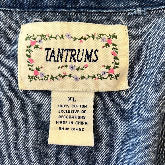 Tantrums Vintage, Autumn Fall Thanksgiving Embroidered Detail, Denim Shacket Top - Picture 9 of 12